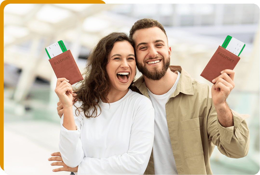 Happy travelers with passports